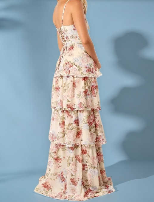 Sexy A Line Spaghetti Straps Floor Length Floral Evening Dress Chiffon Prom Dress