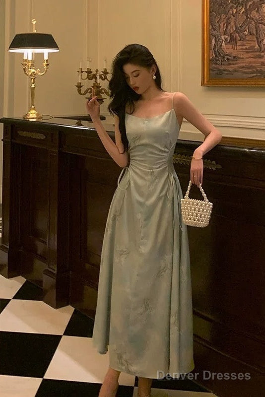 Sexy A Line Spaghetti Straps Green Floral Ruffles Prom Dresses Birthday Outfits Evening Gown