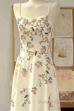 Sexy A Line Spaghetti Straps Ivory Floral Satin Prom Dress Birthday Outfits Evening Gown