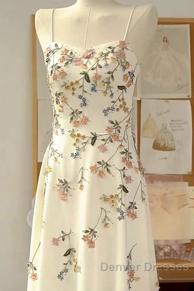 Sexy A Line Spaghetti Straps Ivory Floral Satin Prom Dress Birthday Outfits Evening Gown