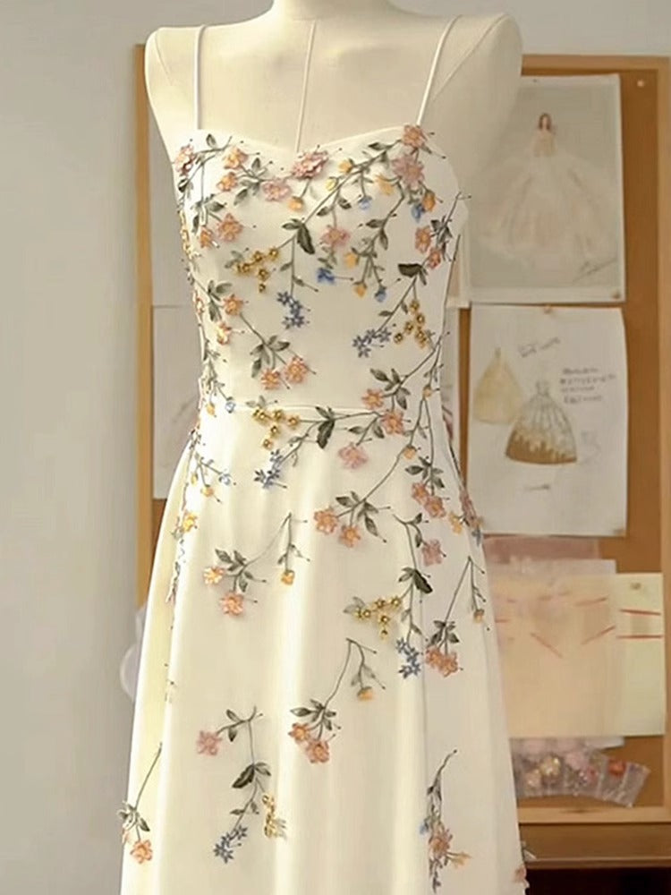 Sexy A Line Spaghetti Straps Ivory Floral Satin Prom Dress Birthday Outfits Evening Gown Secondary image