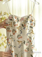 Sexy A Line Spaghetti Straps Ivory Floral Satin Prom Dress Birthday Outfits Evening Gown