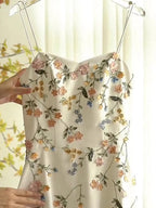 Sexy A Line Spaghetti Straps Ivory Floral Satin Prom Dress Birthday Outfits Evening Gown