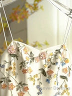 Sexy A Line Spaghetti Straps Ivory Floral Satin Prom Dress Birthday Outfits Evening Gown