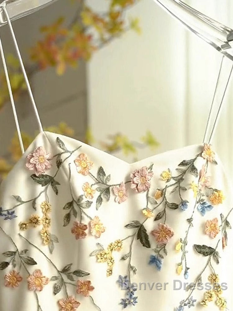 Sexy A Line Spaghetti Straps Ivory Floral Satin Prom Dress Birthday Outfits Evening Gown