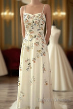 Sexy A Line Spaghetti Straps Ivory Floral Satin Prom Dress Birthday Outfits Evening Gown