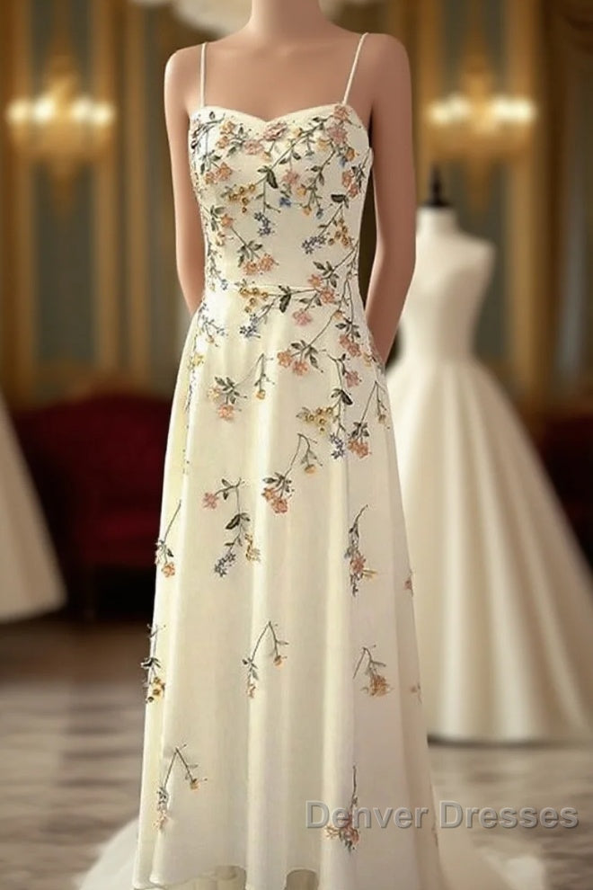 Sexy A Line Spaghetti Straps Ivory Floral Satin Prom Dress Birthday Outfits Evening Gown