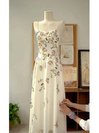 Sexy A Line Spaghetti Straps Ivory Floral Satin Prom Dress Birthday Outfits Evening Gown