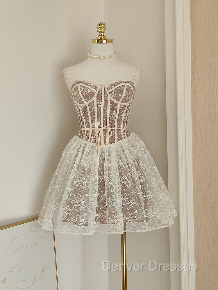 Sexy A Line Spaghetti Straps Lace Holiday Dress Travel Vacation Dress Short Birthday Dress