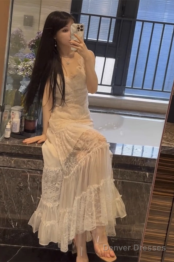 Sexy A Line Spaghetti Straps Lace White Chiffon Beach Dress WomenS Vacation Dresses