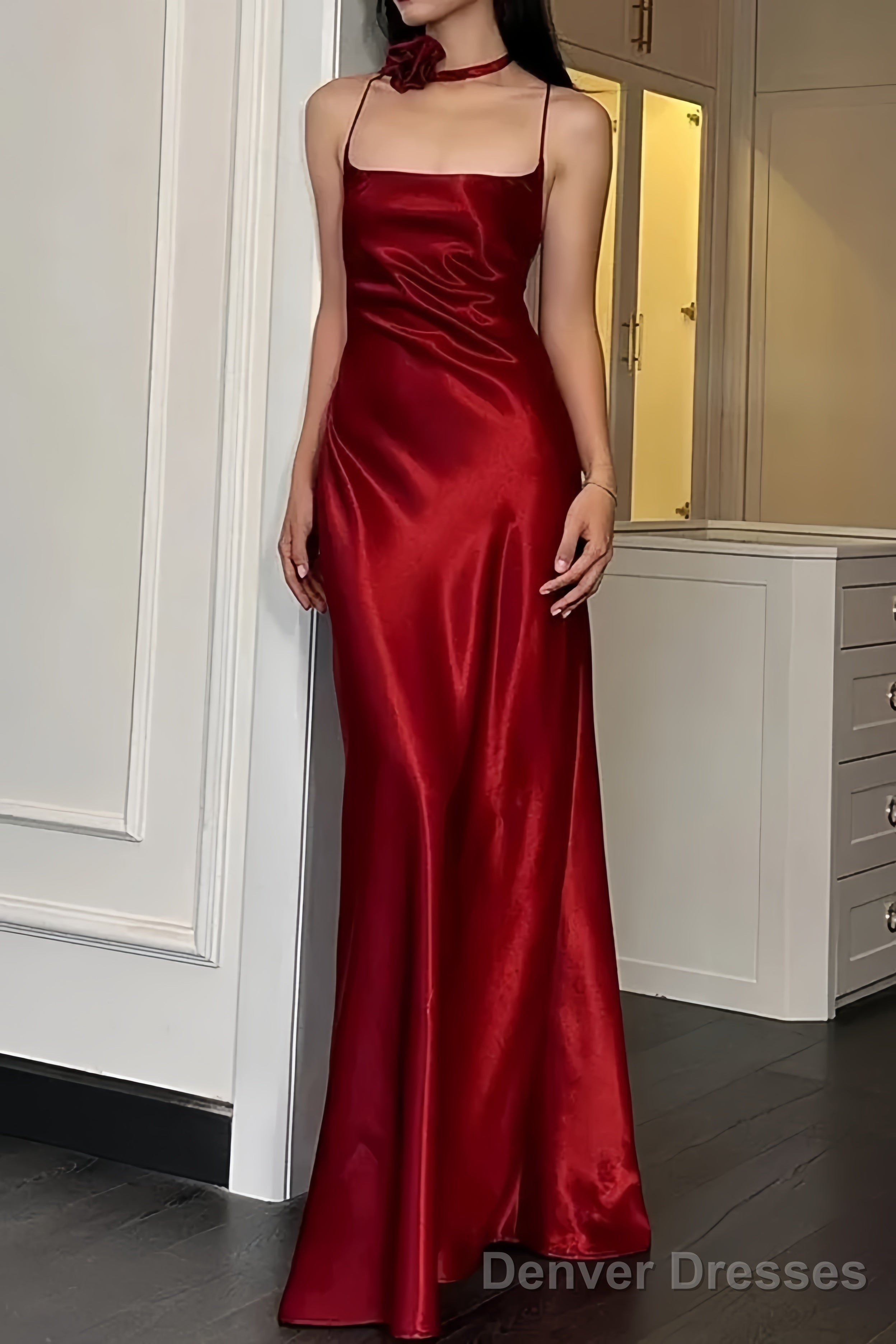 Sexy A Line Spaghetti Straps Red Floor Length Backless Prom Dresses Main image