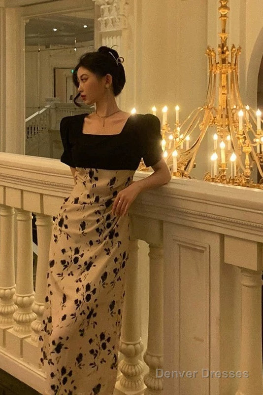 Sexy A Line Square Neckline Floral Black Prom Dresses Birthday Outfits Evening Gown