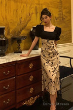 Sexy A Line Square Neckline Floral Black Prom Dresses Birthday Outfits Evening Gown