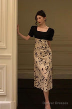 Sexy A Line Square Neckline Floral Black Prom Dresses Birthday Outfits Evening Gown