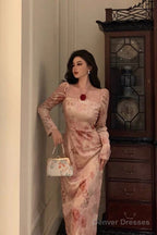 Sexy A Line Square Neckline Long Sleeves Pink Floral Prom Dresses Birthday Outfits Evening Gown