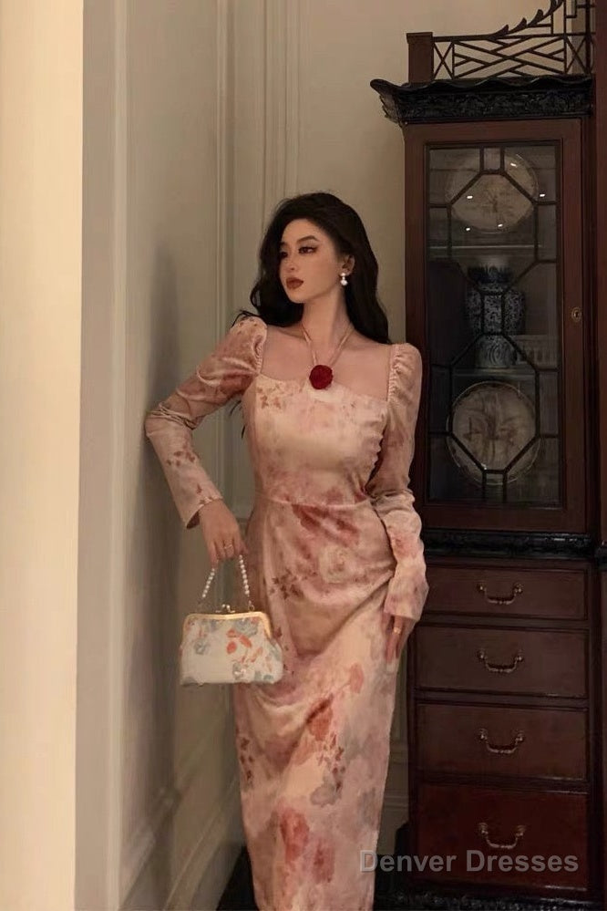 Sexy A Line Square Neckline Long Sleeves Pink Floral Prom Dresses Birthday Outfits Evening Gown