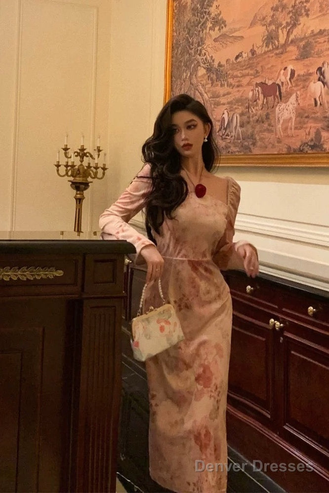 Sexy A Line Square Neckline Long Sleeves Pink Floral Prom Dresses Birthday Outfits Evening Gown