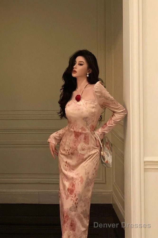 Sexy A Line Square Neckline Long Sleeves Pink Floral Prom Dresses Birthday Outfits Evening Gown Main image