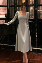 Sexy A Line Square Neckline Long Sleeves Prom Dresses Birthday Outfits Evening Gown