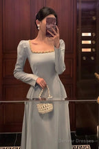 Sexy A Line Square Neckline Long Sleeves Prom Dresses Birthday Outfits Evening Gown