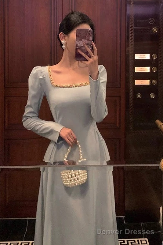 Sexy A Line Square Neckline Long Sleeves Prom Dresses Birthday Outfits Evening Gown