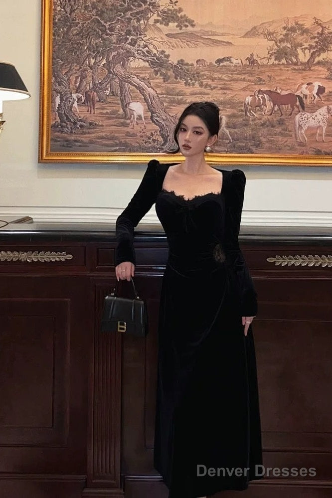 Sexy A Line Square Neckline Long Sleeves Velvet Lace Date Night Dress Prom Dresses Birthday Outfits Main image