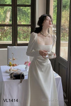 Sexy A Line Square Neckline Long Sleeves White Prom Dress
