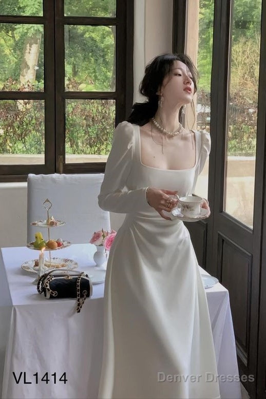 Sexy A Line Square Neckline Long Sleeves White Prom Dress