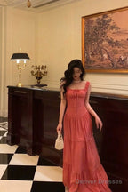 Sexy A Line Square Neckline Pink Long Prom Dresses Birthday Outfits