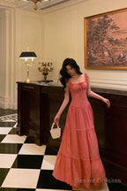 Sexy A Line Square Neckline Pink Long Prom Dresses Birthday Outfits