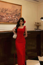 Sexy A Line Square Neckline Red Chiffon Prom Dresses Birthday Outfits Evening Gown