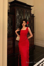 Sexy A Line Square Neckline Red Chiffon Prom Dresses Birthday Outfits Evening Gown