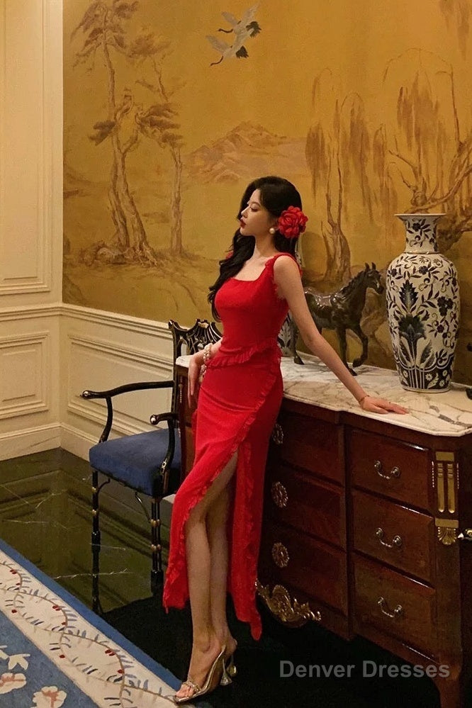 Sexy A Line Square Neckline Red Chiffon Prom Dresses Birthday Outfits Evening Gown