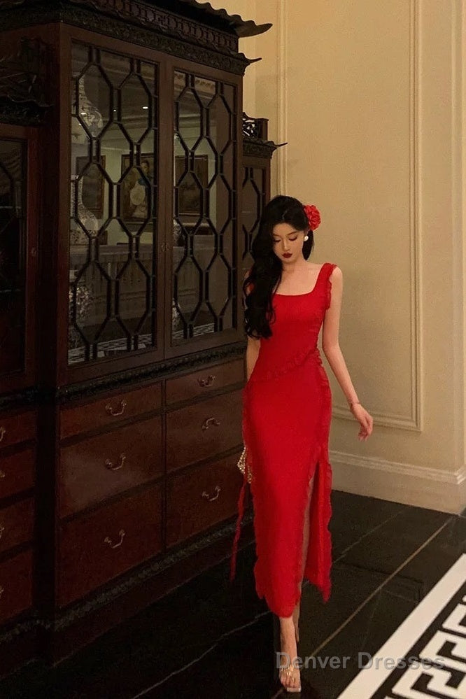 Sexy A Line Square Neckline Red Chiffon Prom Dresses Birthday Outfits Evening Gown Main image