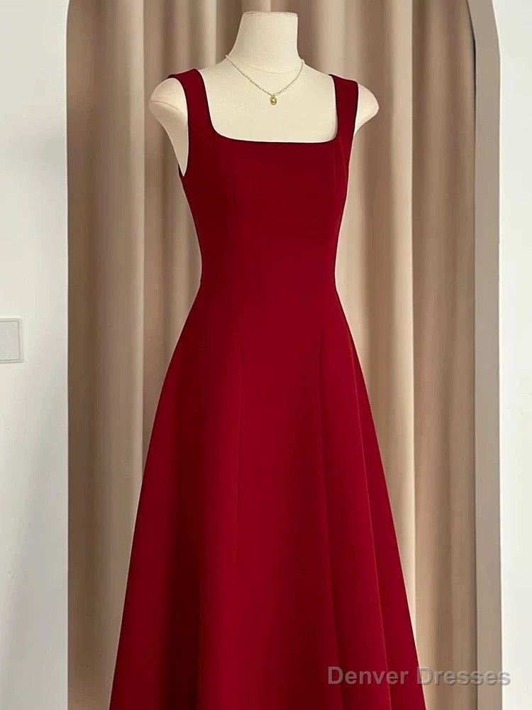 Sexy A Line Square Neckline Red Satin Ankle Length Evening Dress Prom Dresses