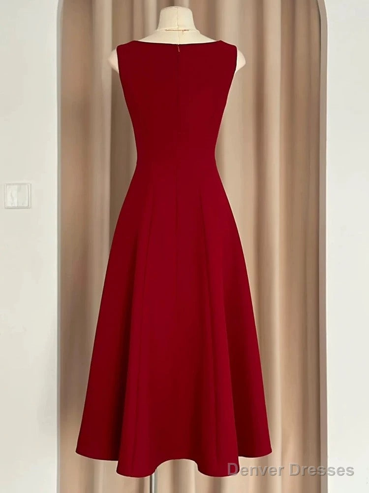 Sexy A Line Square Neckline Red Satin Ankle Length Evening Dress Prom Dresses