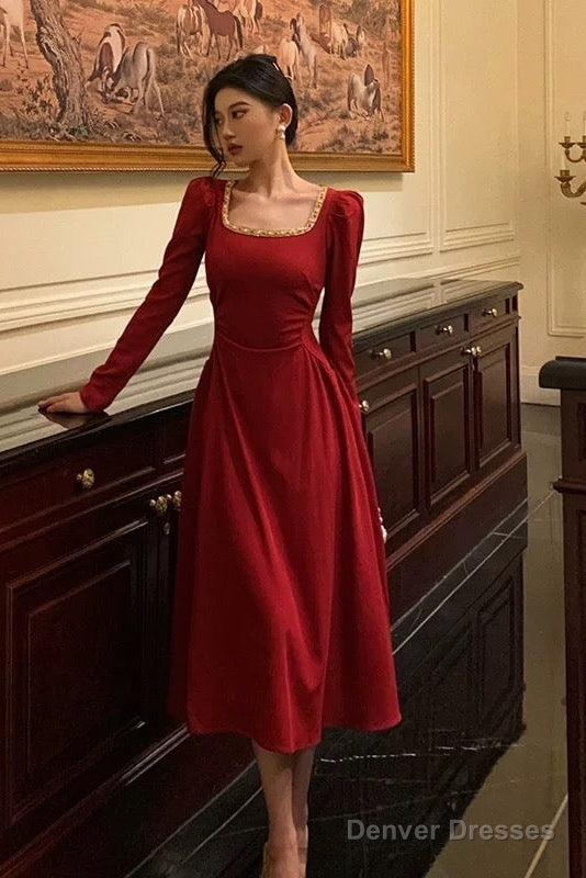 Sexy A Line Square Neckline Red Velvet Prom Dresses Birthday Outfits Evening Gown