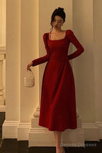 Sexy A Line Square Neckline Red Velvet Prom Dresses Birthday Outfits Evening Gown