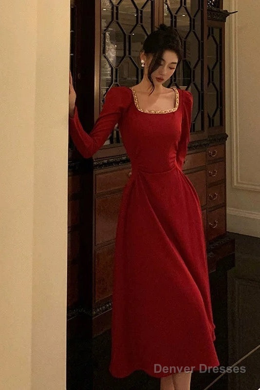 Sexy A Line Square Neckline Red Velvet Prom Dresses Birthday Outfits Evening Gown