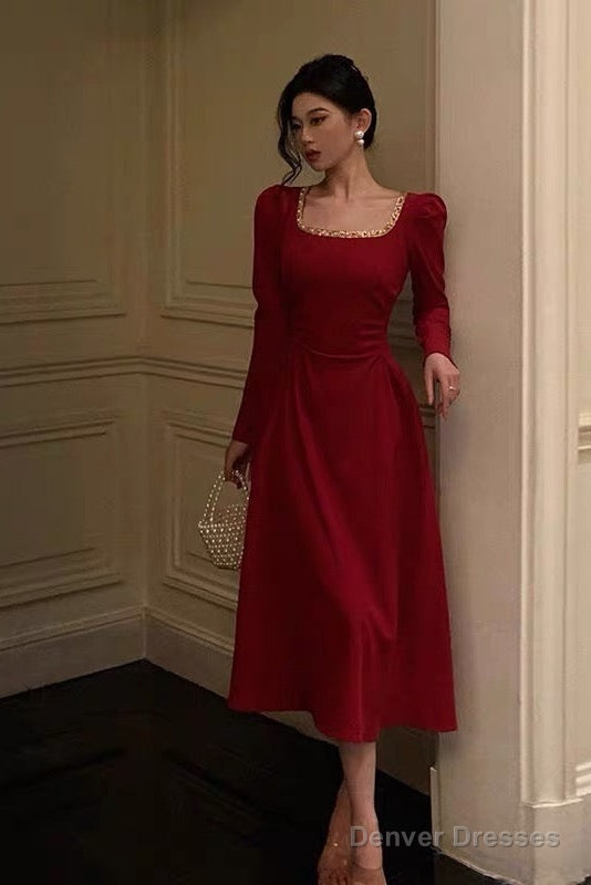 Sexy A Line Square Neckline Red Velvet Prom Dresses Birthday Outfits Evening Gown