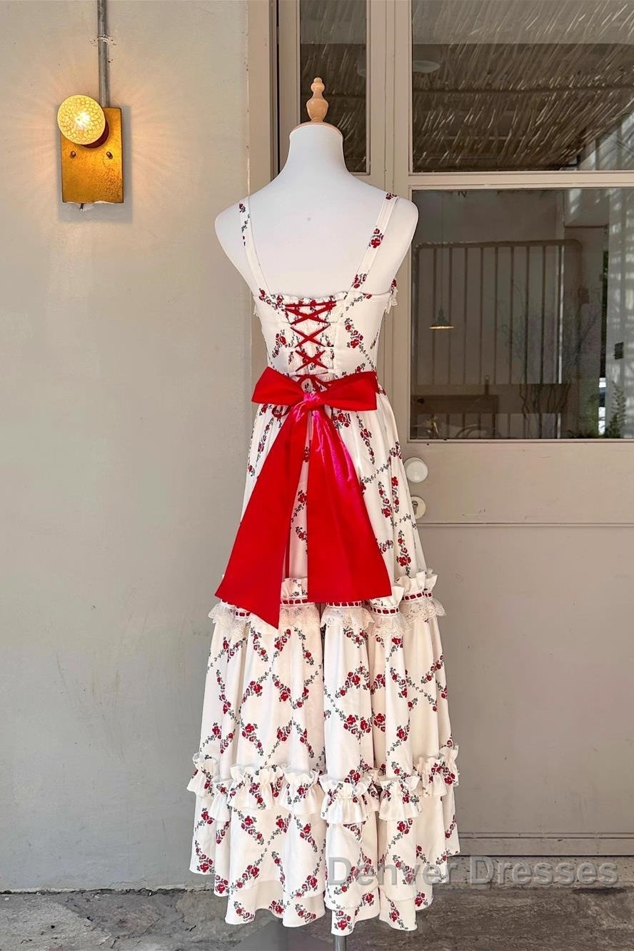 Sexy A Line Square Neckline Sleeveless WomenS Red Floral Holiday Dress Vacation Dress Birthday Dress Secondary image