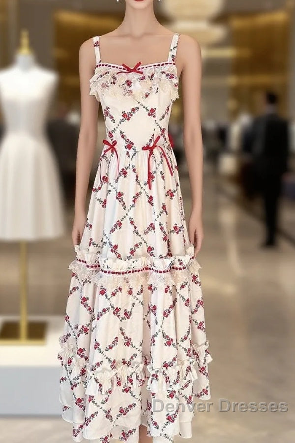 Sexy A Line Square Neckline Sleeveless WomenS Red Floral Holiday Dress Vacation Dress Birthday Dress Main image