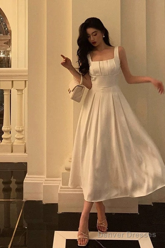 Sexy A Line Square Neckline White Satin Prom Dresses Birthday Outfits Evening Gown Secondary image