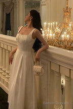 Sexy A Line Square Neckline White Satin Prom Dresses Birthday Outfits Evening Gown