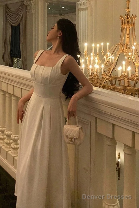 Sexy A Line Square Neckline White Satin Prom Dresses Birthday Outfits Evening Gown