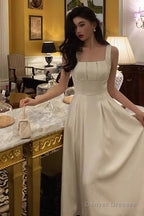 Sexy A Line Square Neckline White Satin Prom Dresses Birthday Outfits Evening Gown