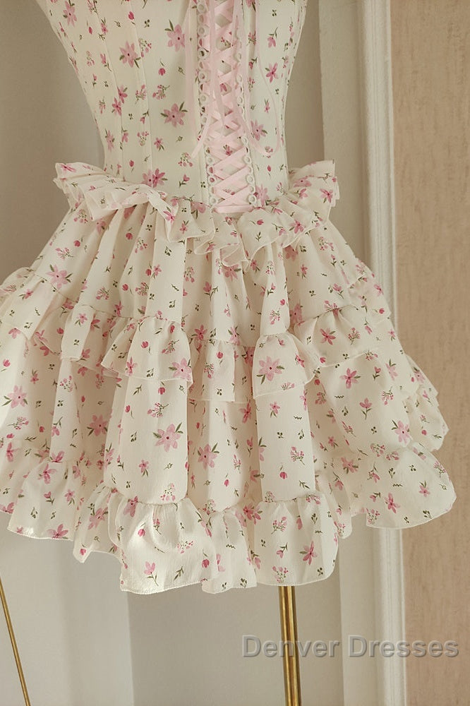 Sexy A Line Strapless Floral Holiday Dress Travel Vacation Dress Short Chiffon Birthday Dress