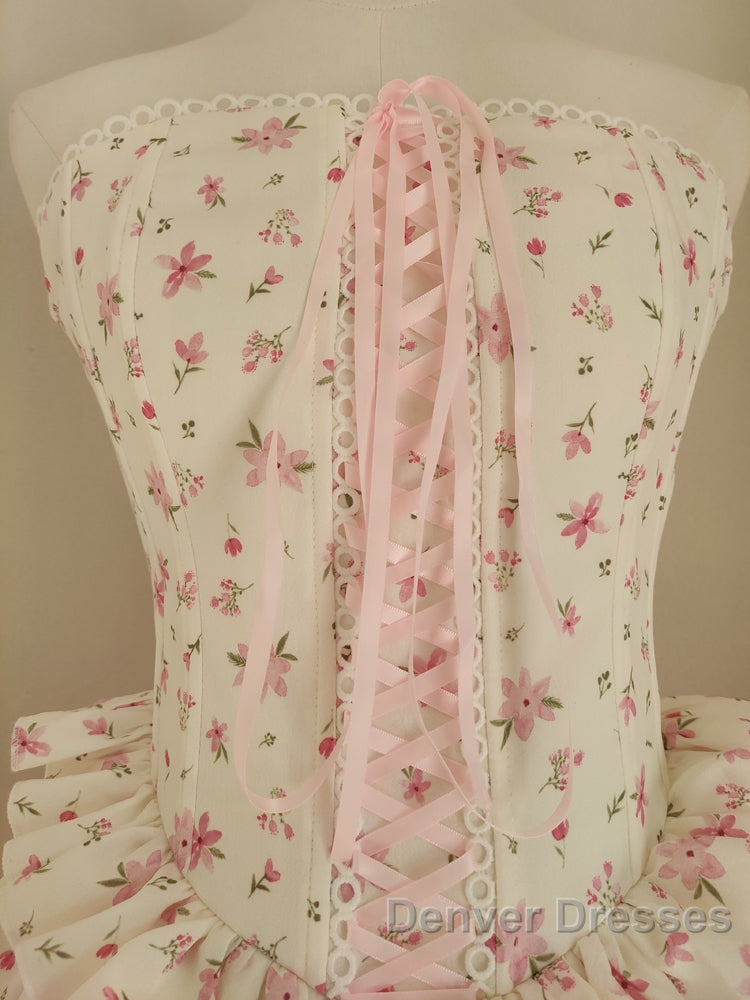 Sexy A Line Strapless Floral Holiday Dress Travel Vacation Dress Short Chiffon Birthday Dress