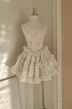 Sexy A Line Strapless Floral Holiday Dress Travel Vacation Dress Short Chiffon Birthday Dress