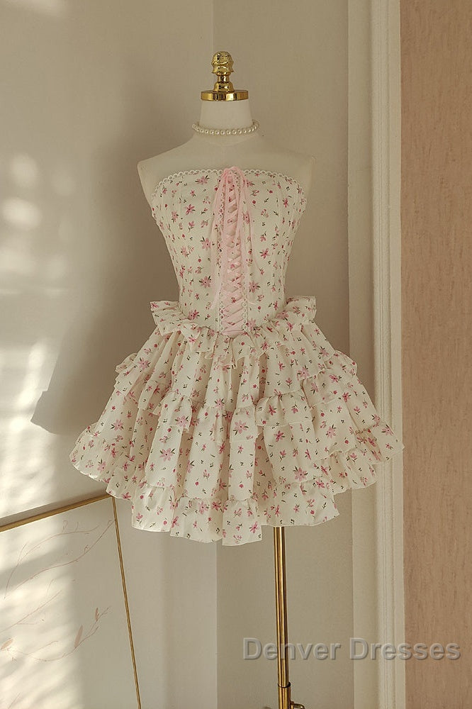 Sexy A Line Strapless Floral Holiday Dress Travel Vacation Dress Short Chiffon Birthday Dress